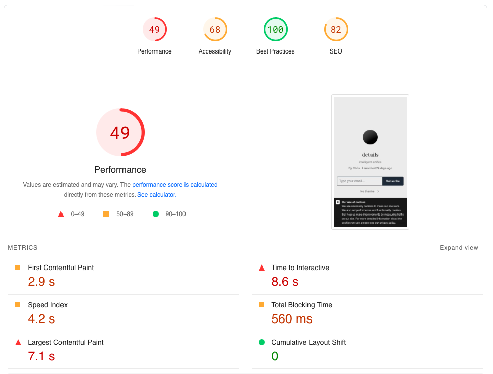 Lighthouse scores for substack version of the landing page on mobile. Performance: 49, Accessibility: 68, Best Practices: 100, SEO: 82