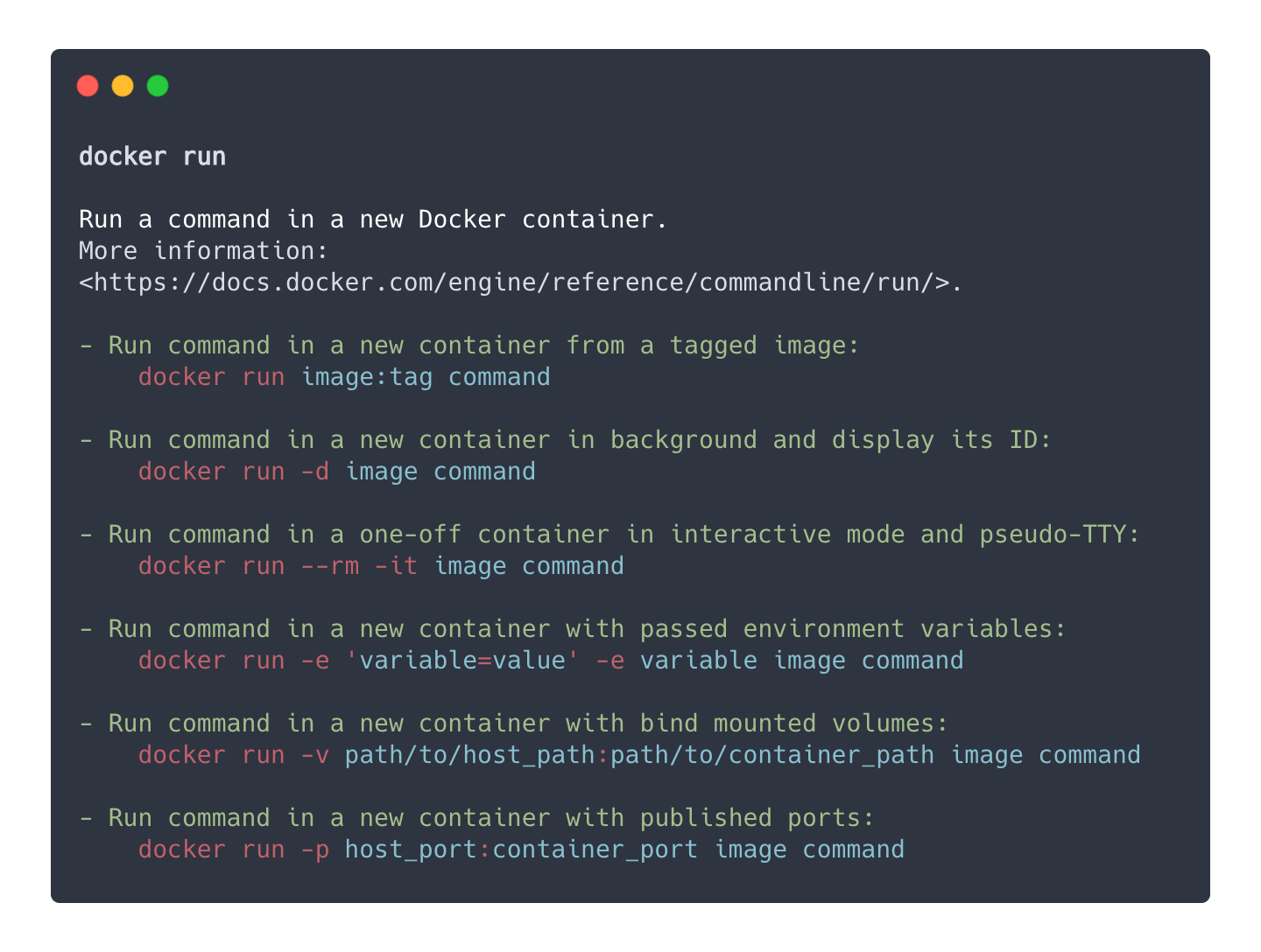The tldr output for the docker run command.